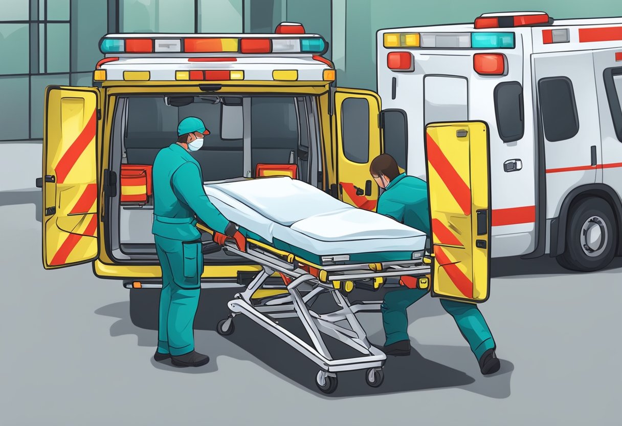 Remoção de Pacientes em Ambulância: Procedimentos e Melhores Práticas 5 A paramedic loads a stretcher into an ambulance, following safety protocols and regulations for patient transport