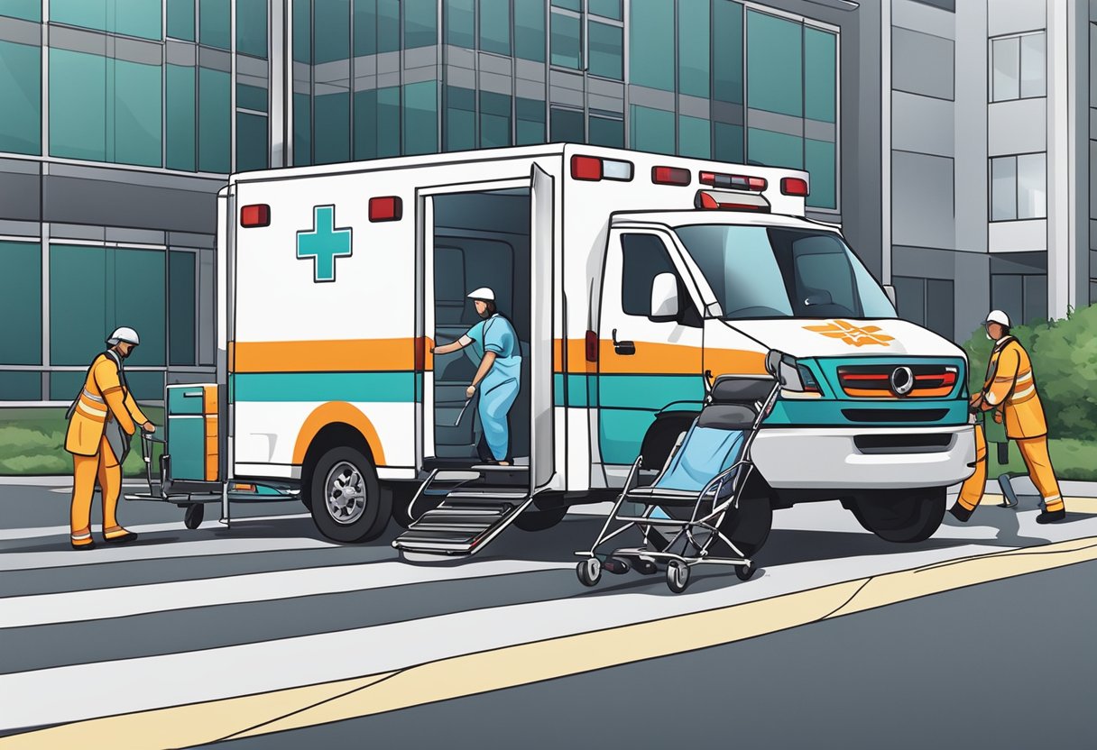 Remoção de Pacientes em Ambulância: Procedimentos e Melhores Práticas 6 An ambulance parked outside a hospital, with medical staff loading a stretcher into the vehicle