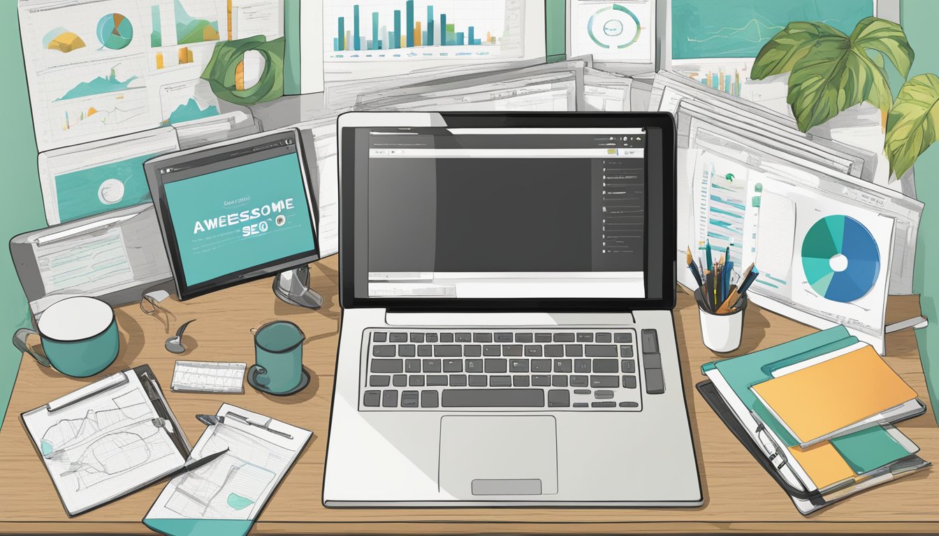 An SEO tool lineup sits on a desk, surrounded by charts and graphs.</p><p>A computer screen displays the title "8 Awesome Alternatives to Surfer SEO."