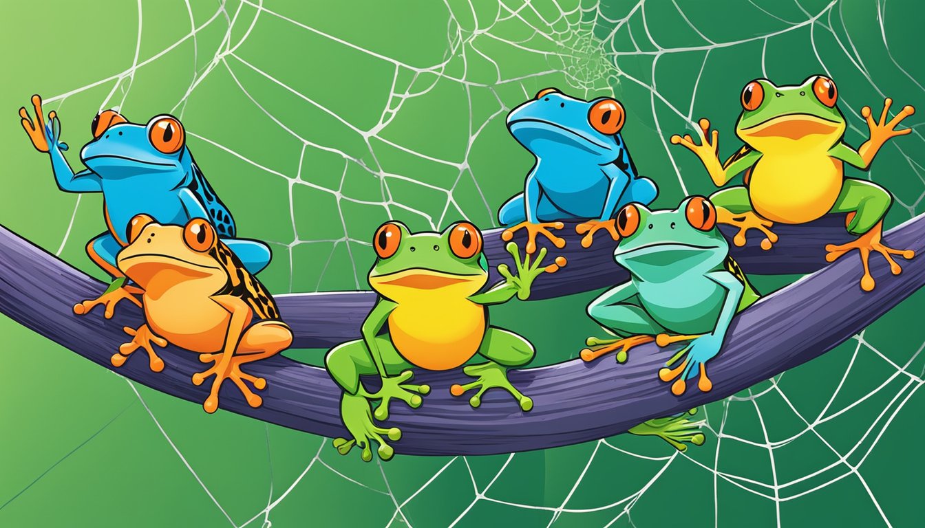 The scene shows six colorful frogs leaping over a spider web, with the "Moz Pro" logo in the background