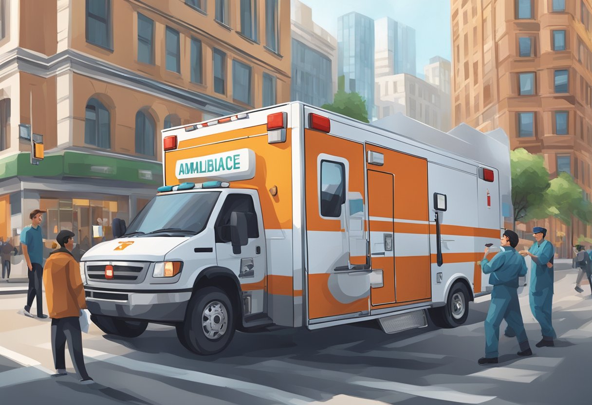 Remoção de Pacientes em Ambulância: Procedimentos e Melhores Práticas 1 An ambulance speeding through city streets, sirens blaring, with a medical team inside attending to a patient on a stretcher
