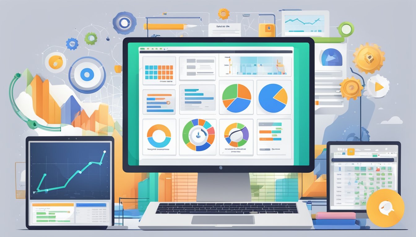 A laptop surrounded by various SEO tools, each labeled with the name of a top alternative to Page Optimizer Pro.</p><p>The laptop screen displays a comparison chart of features and benefits