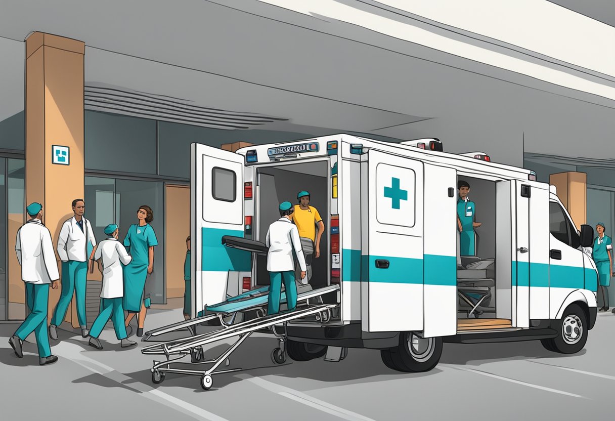 Remoção de Pacientes em Ambulância: Procedimentos e Melhores Práticas 3 Ambulance parked at hospital entrance, with medical staff loading patient onto stretcher. Signage displaying "Protocolos e Legislação remoção de pacientes em ambulância" in foreground