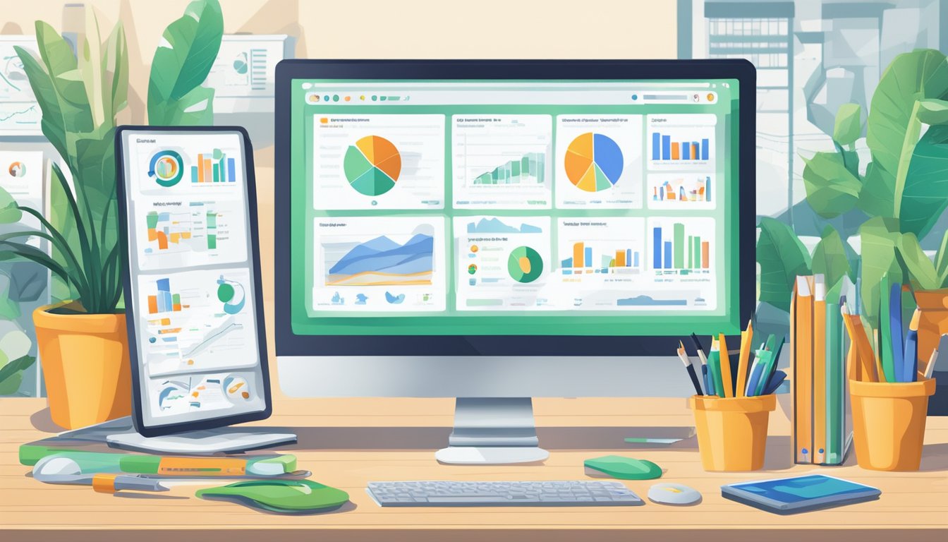 A desk with a computer displaying SEO tools, surrounded by web analytics charts and graphs.</p><p>The Frog SEO Spider logo is visible on the screen