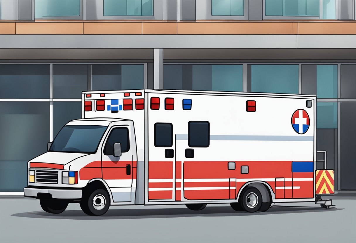 Remoção de Pacientes em Ambulância: Procedimentos e Melhores Práticas 4 Ambulance parked outside building, medical equipment being loaded
