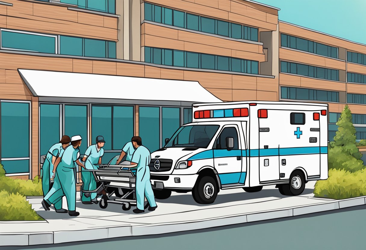 Remoção de Pacientes em Ambulância: Procedimentos e Melhores Práticas 8 An ambulance parked outside a building, with a medical team assisting a patient onto a stretcher