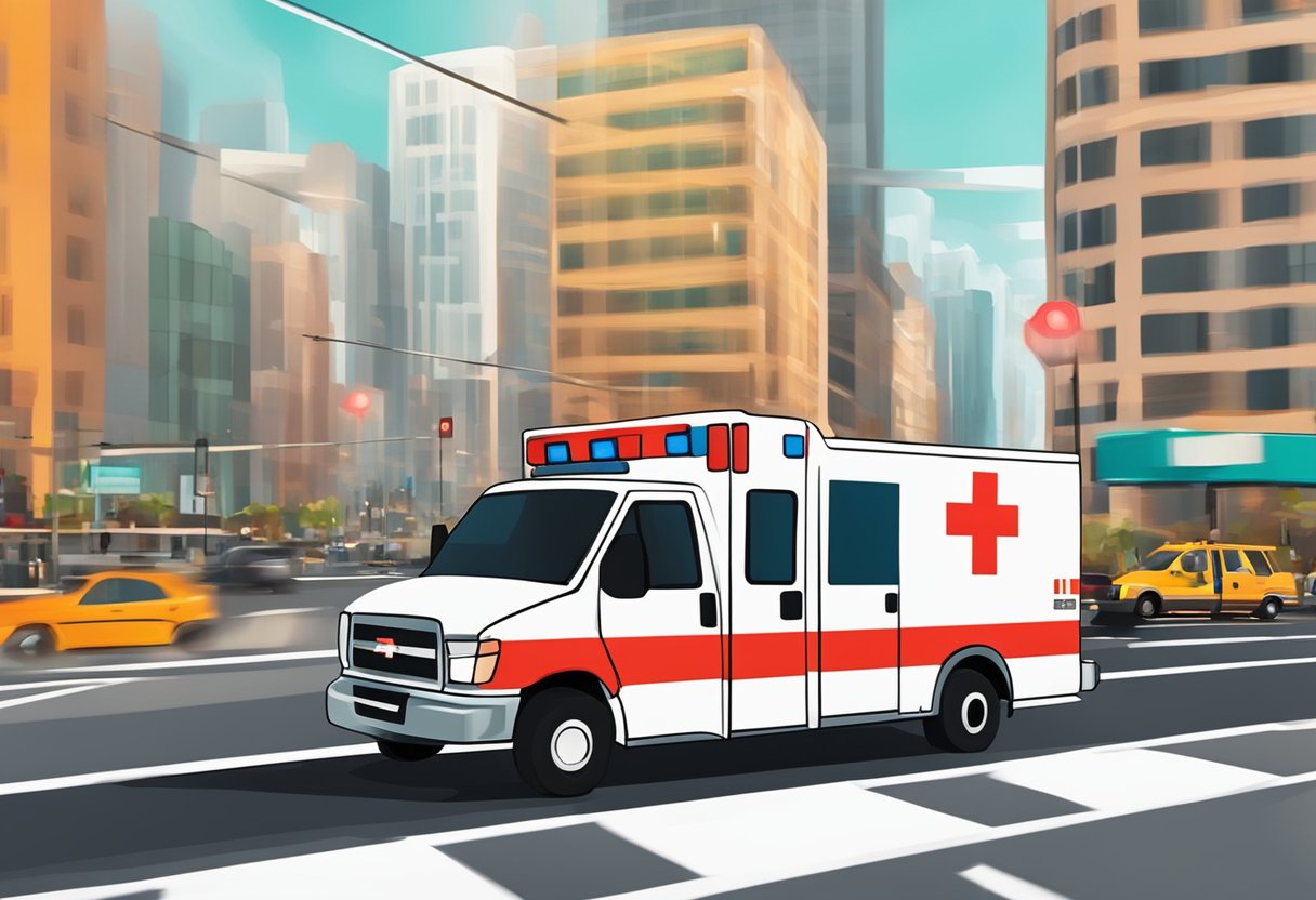 An ambulance speeding through traffic with lights flashing and siren blaring, rushing to provide crucial healthcare support