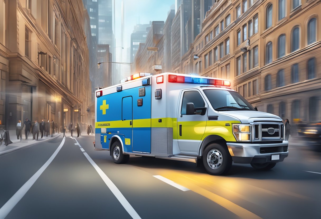 An ambulance with flashing lights and sirens speeds through city streets on a medical transport mission