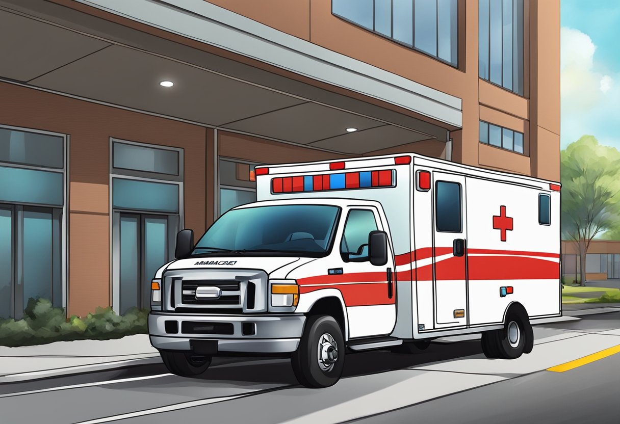 Ambulance parked outside a structured organization, with staff conducting removal procedures