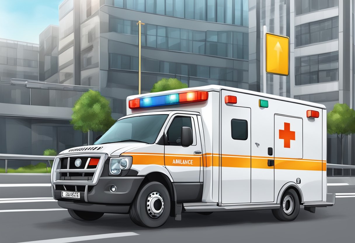 Ambulance with safety and transport regulations signage. No human subjects