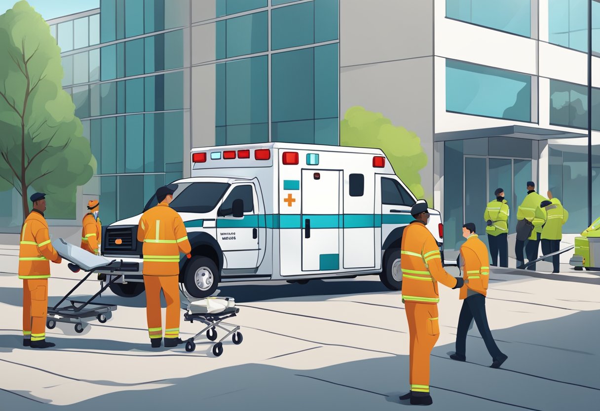 An ambulance parked outside a building, with paramedics loading a stretcher. The scene is calm and professional, with a focus on ethical conduct