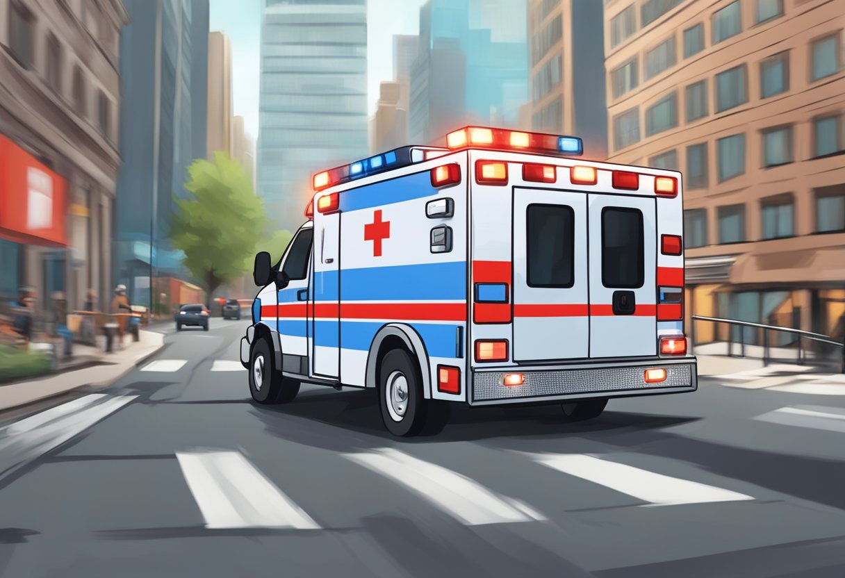 An ambulance rushing through city streets, sirens blaring, as it heads towards a medical emergency