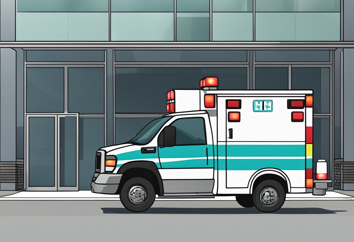 An ambulance parked outside a building, with its lights flashing and the back doors open, ready for a patient removal service