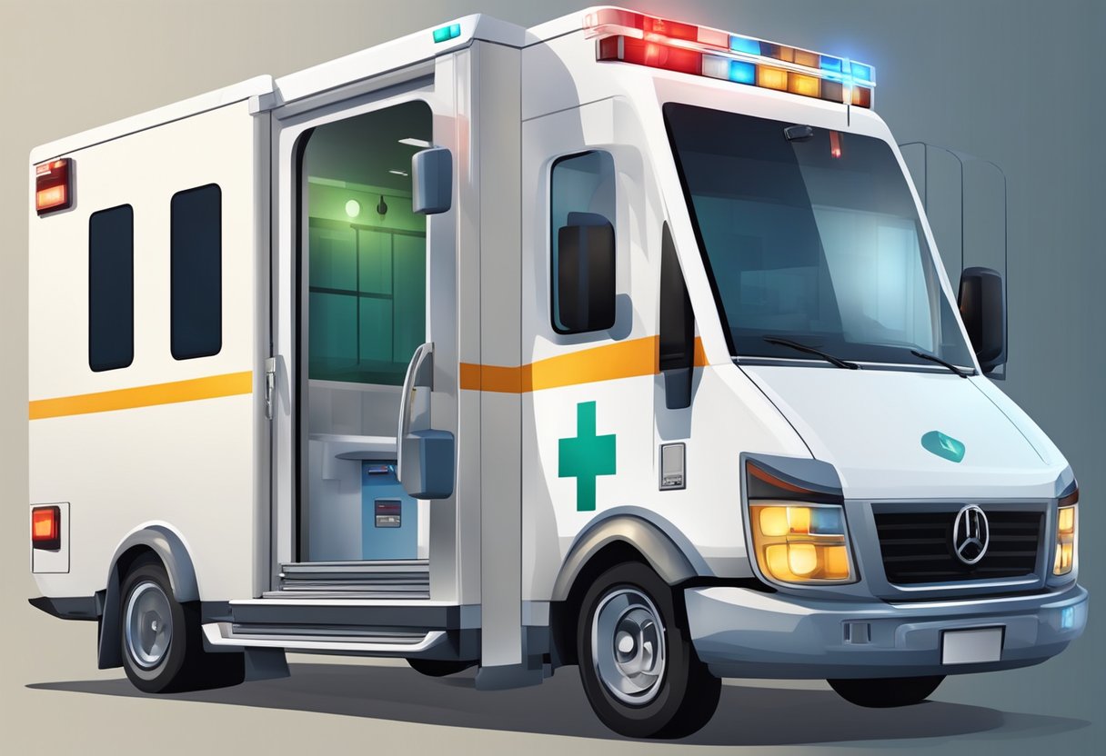 A modern ambulance with flashing lights and a smooth, efficient patient transfer process