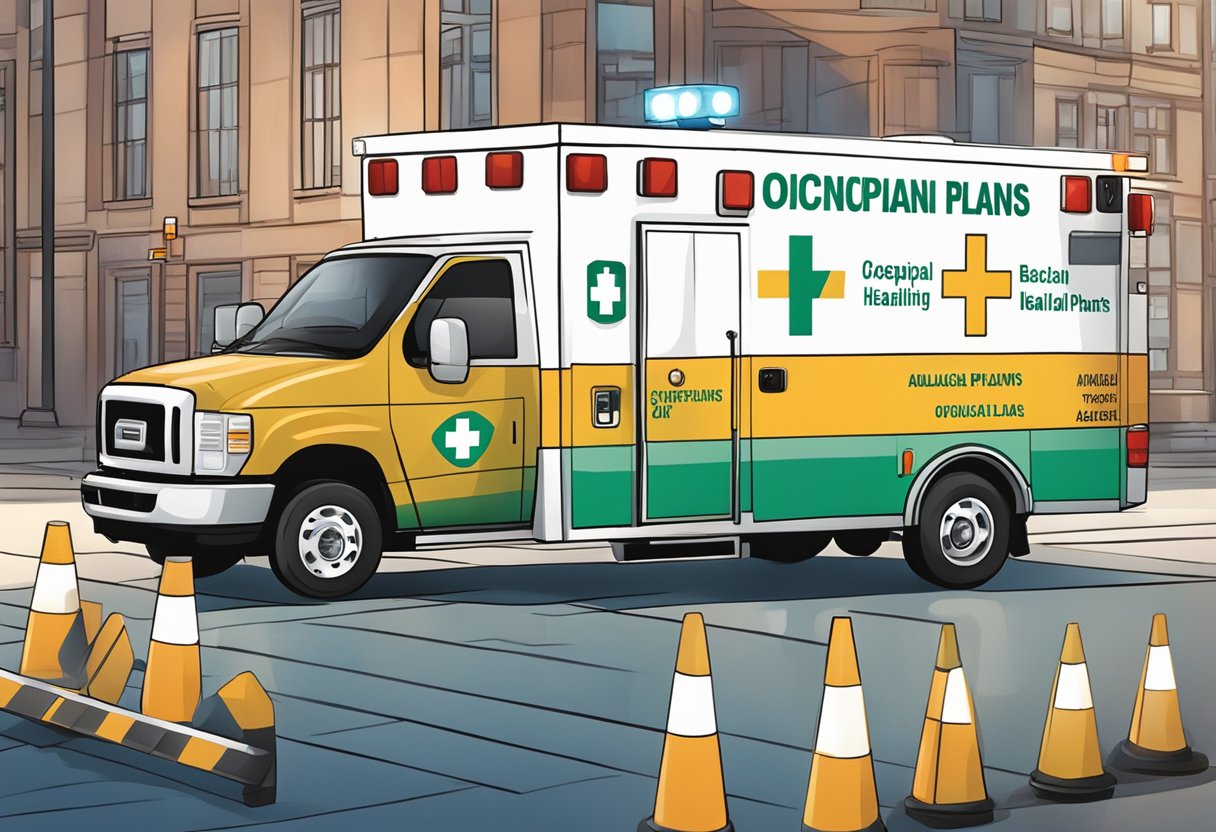 Ambulance parked at event with occupational health plans signage