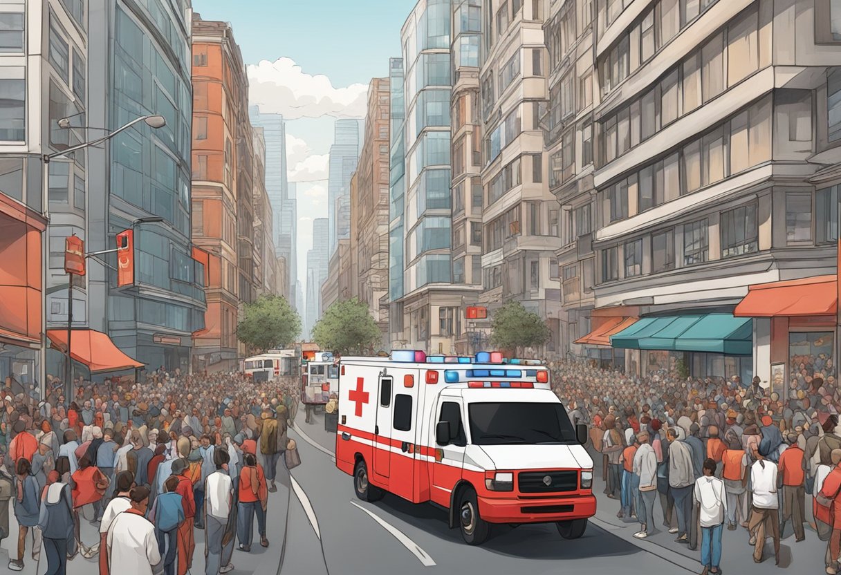 A red and white ambulance speeds through a crowded city street, sirens blaring, as onlookers watch with concern and curiosity