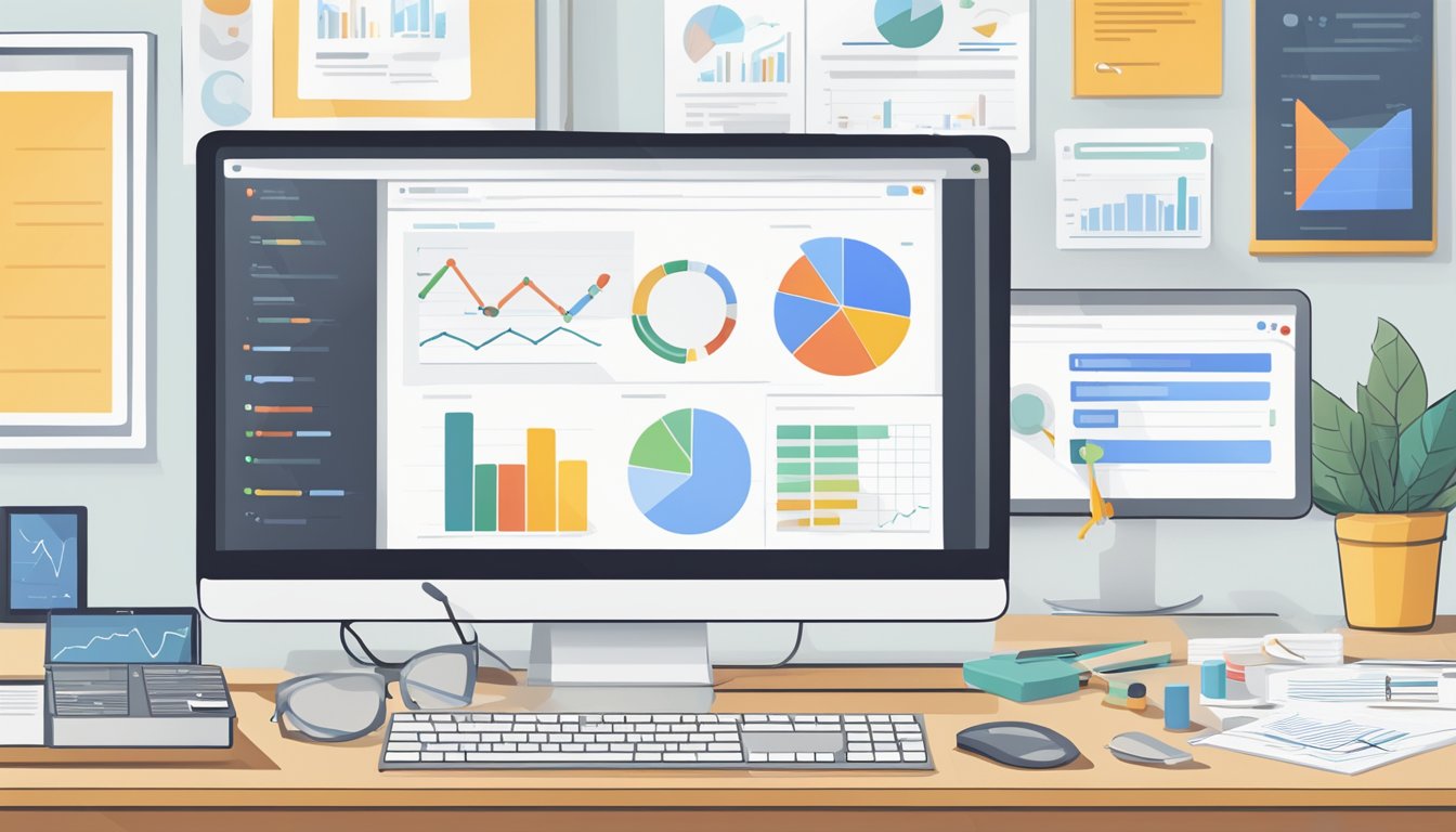 A desk with a computer displaying various SEO tools and a list of the 8 best alternatives to Google Search Console on the screen