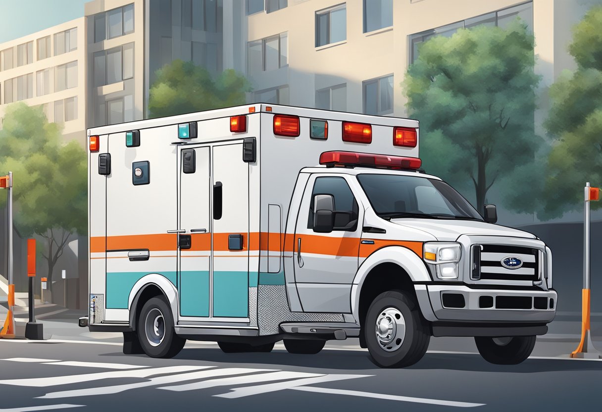 Ambulance parked outside with emergency lights flashing. Medical personnel loading stretcher into vehicle