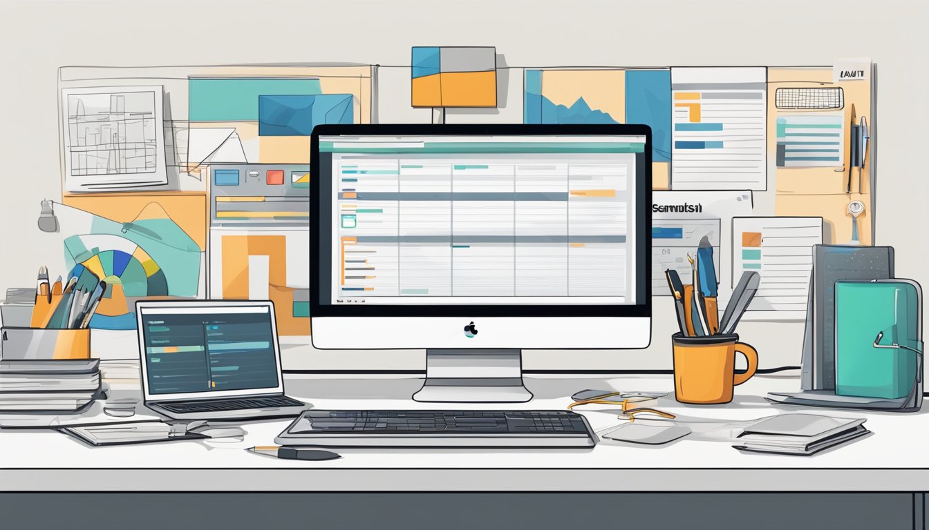 A desk with a laptop displaying SEMrush Site Audit.</p><p>Beside it, 5 different tools are lined up, each labeled with their names