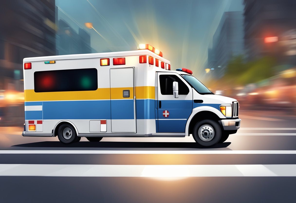 An ambulance speeding through traffic, lights flashing, as it rushes to provide crucial pre-hospital care