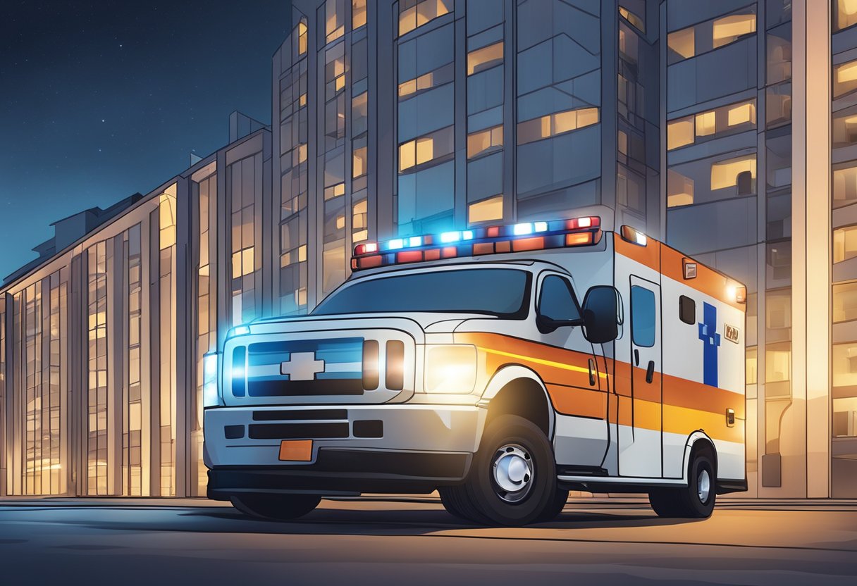 An ambulance parked outside a building, with its lights flashing and the ambulance logo clearly visible on the side
