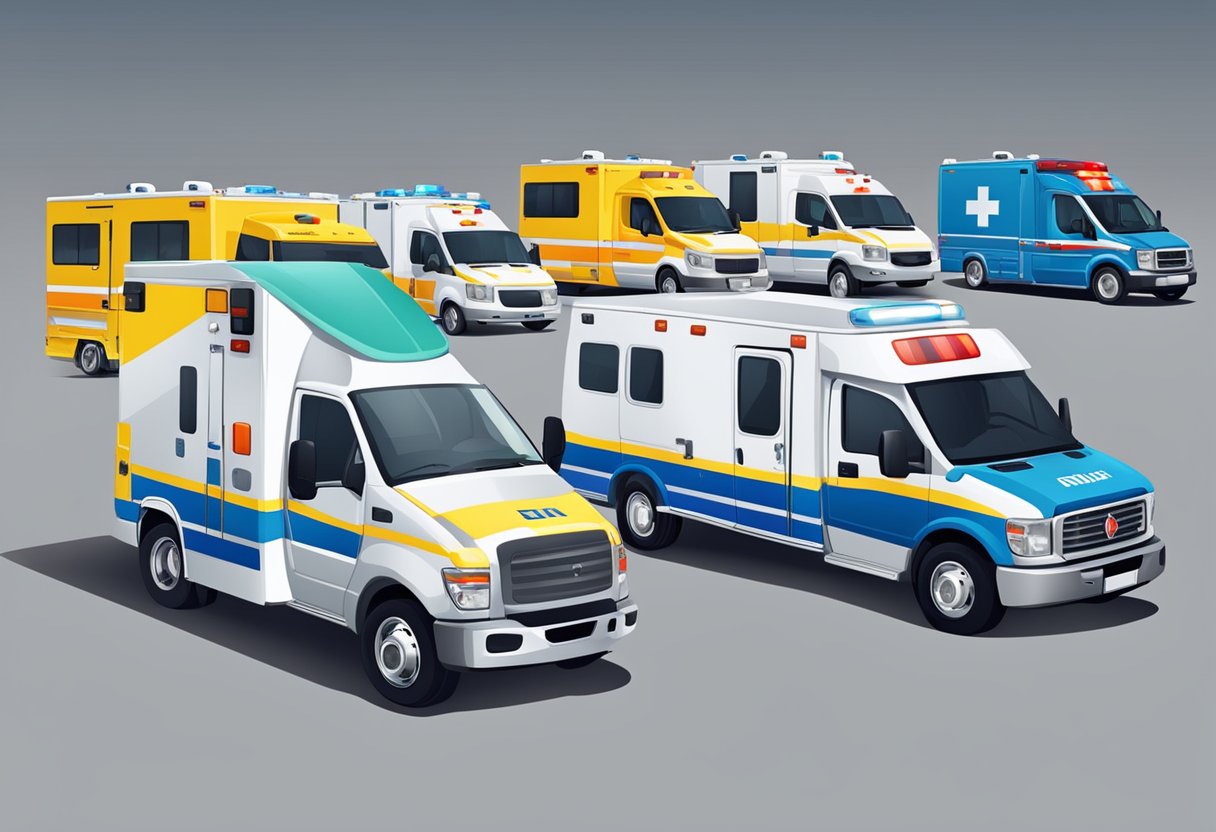 A variety of ambulances parked in a row, ready for emergency medical transport