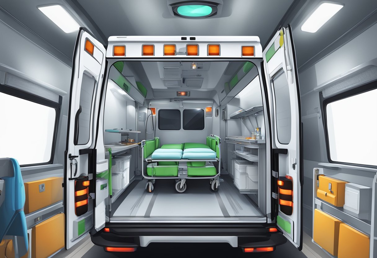 Medical transport ambulance with safety protocols in place. Emergency lights flashing, stretcher secured, and medical equipment organized