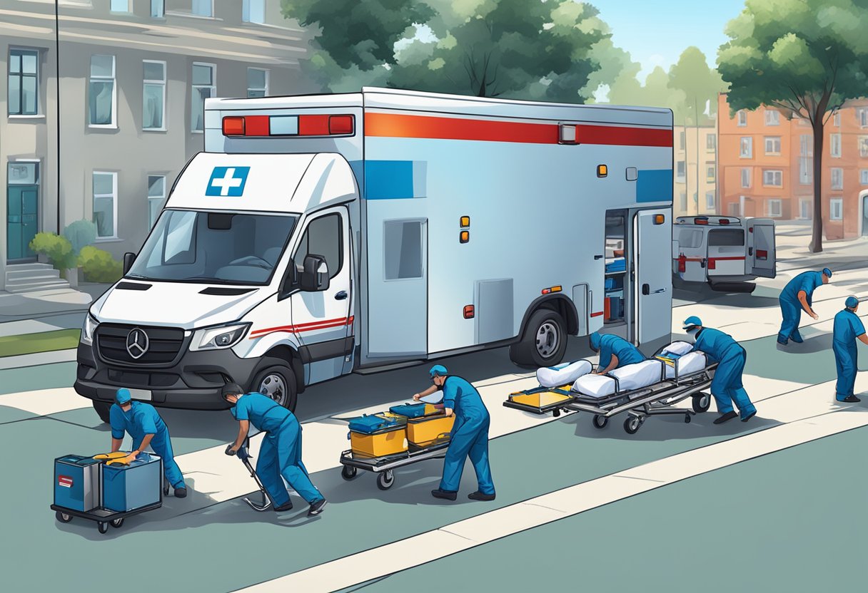 A team of professional removal specialists efficiently load medical equipment into ambulances