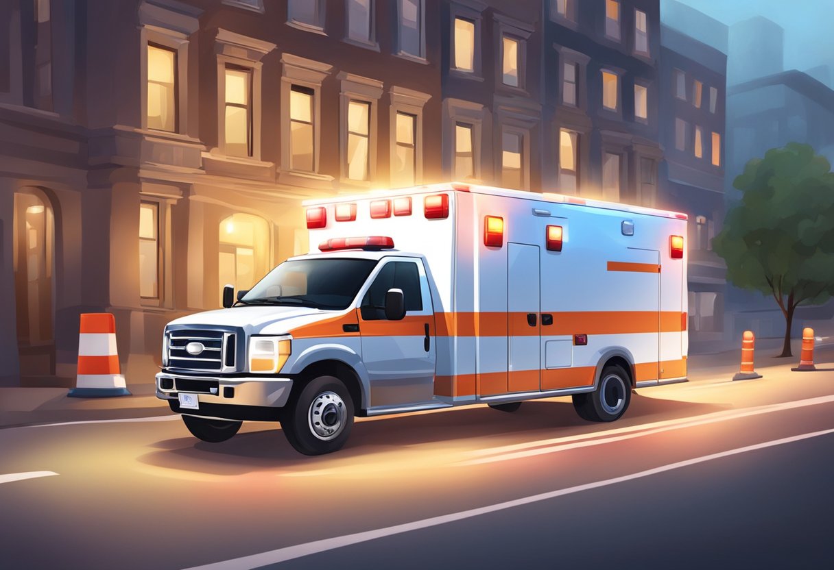 An ambulance is removing specific cases. Lights flash as it drives away