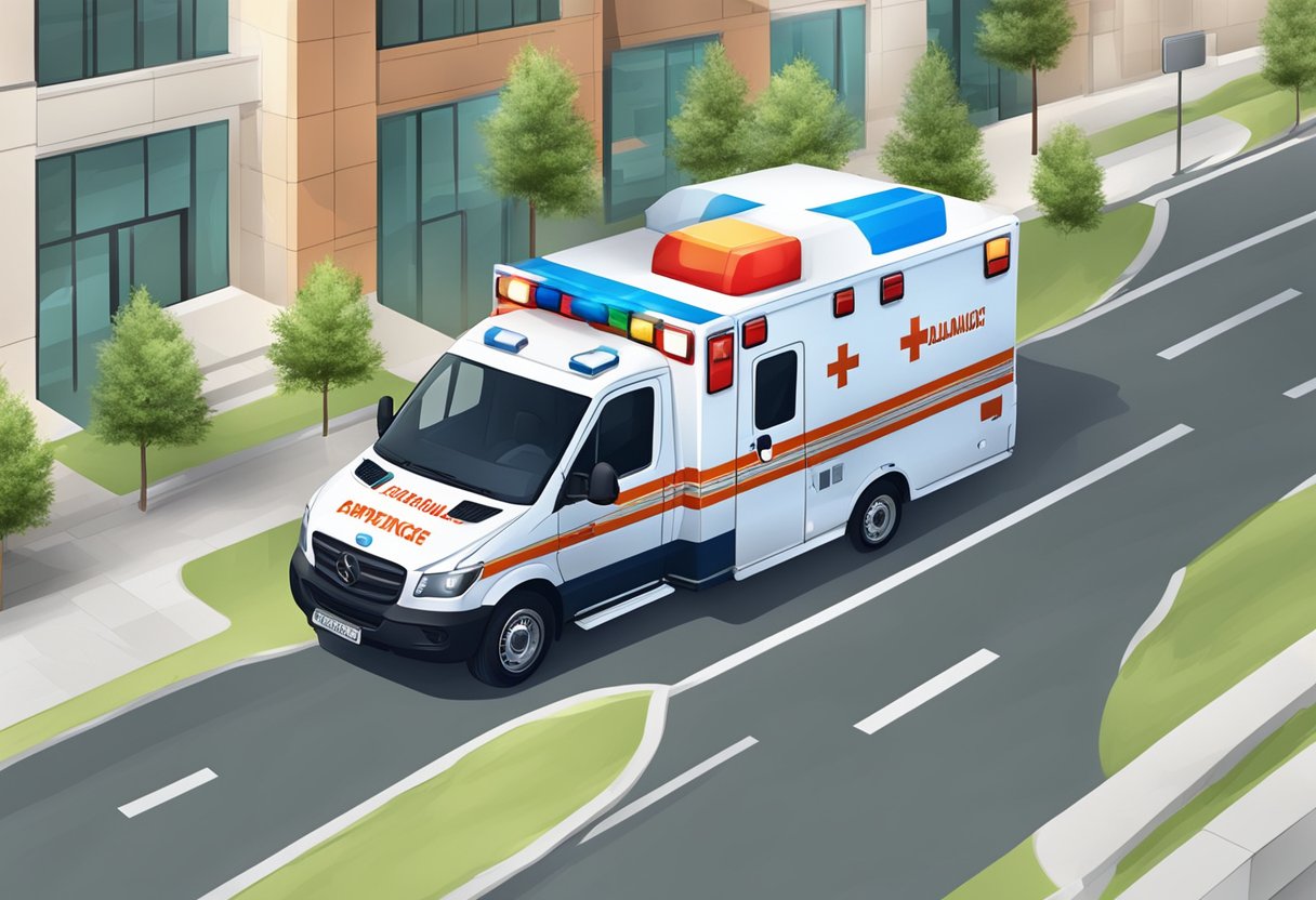 Ambulance with coverage area sign, arriving on time for a patient transfer