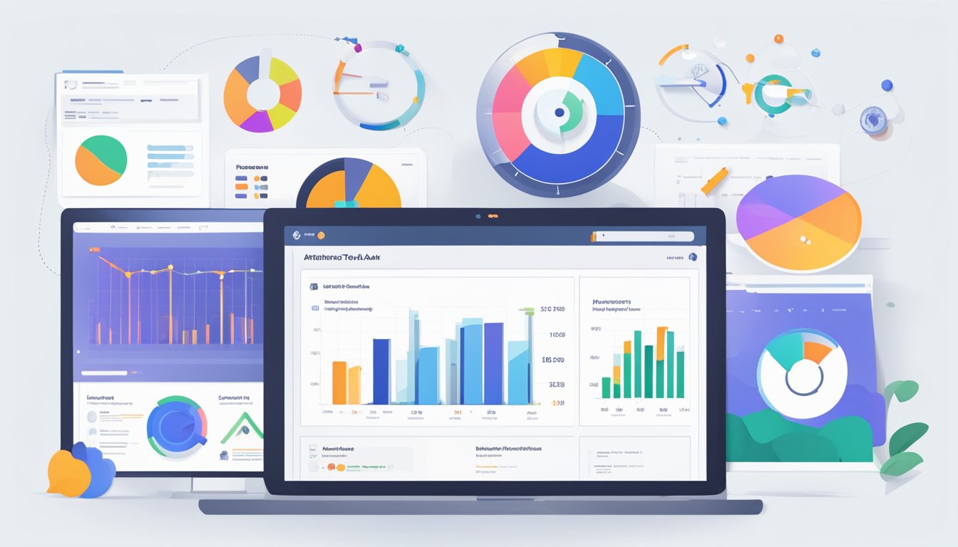 A computer screen displays 8 alternative tools to Ahrefs Site Audit, each with their own logo and name.</p><p>Graphs and data charts surround the screen, indicating performance metrics