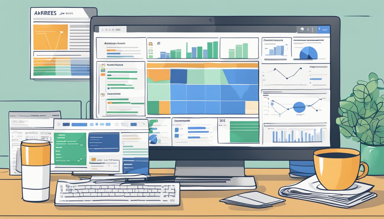 A computer screen displays a comparison chart of "Sitebulb" and "Ahrefs" site audit tools, surrounded by scattered papers and a cup of coffee