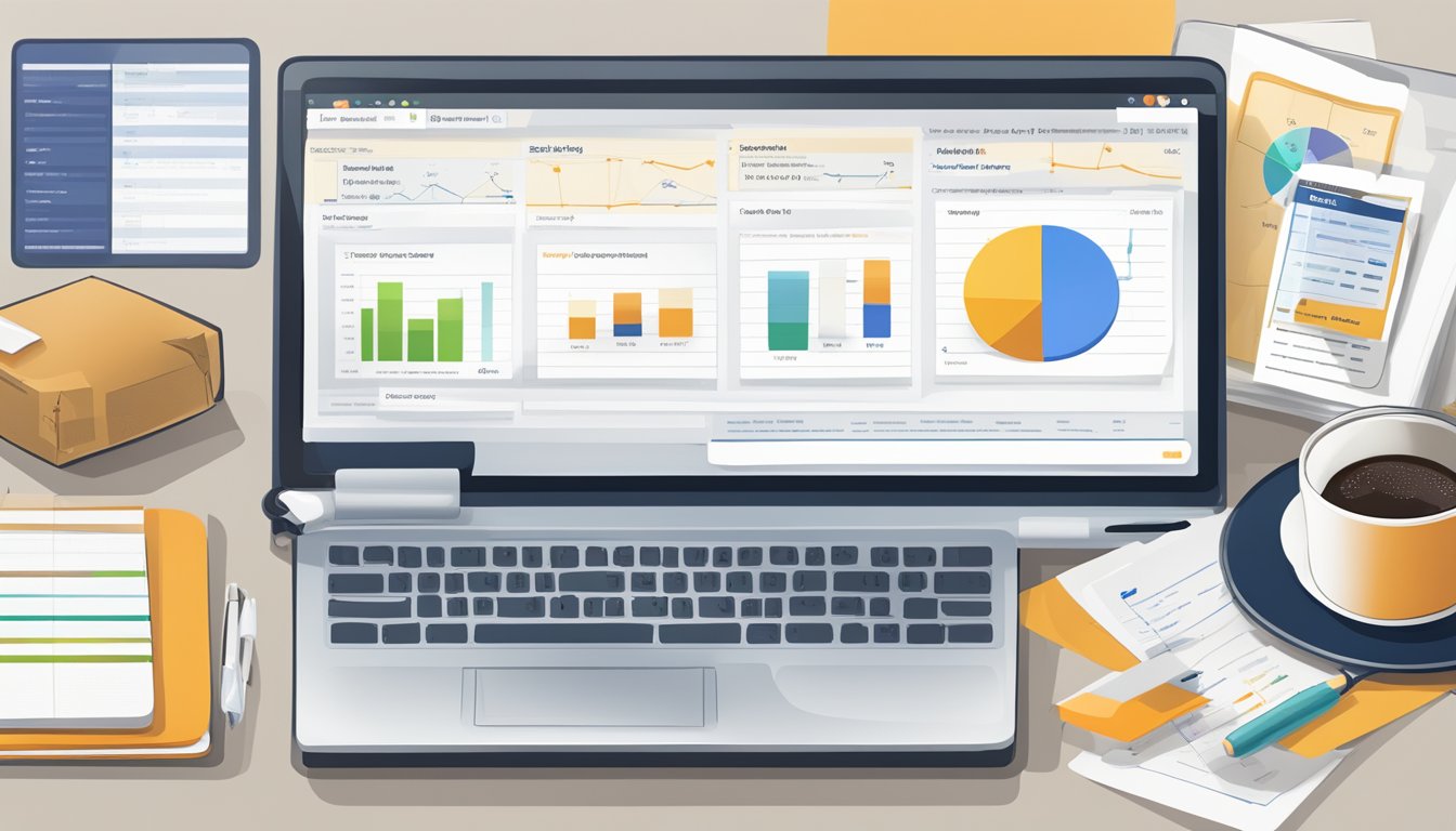 A computer screen displaying a comparison chart of Ahrefs and its top 8 alternatives for site audit, surrounded by office supplies and a cup of coffee