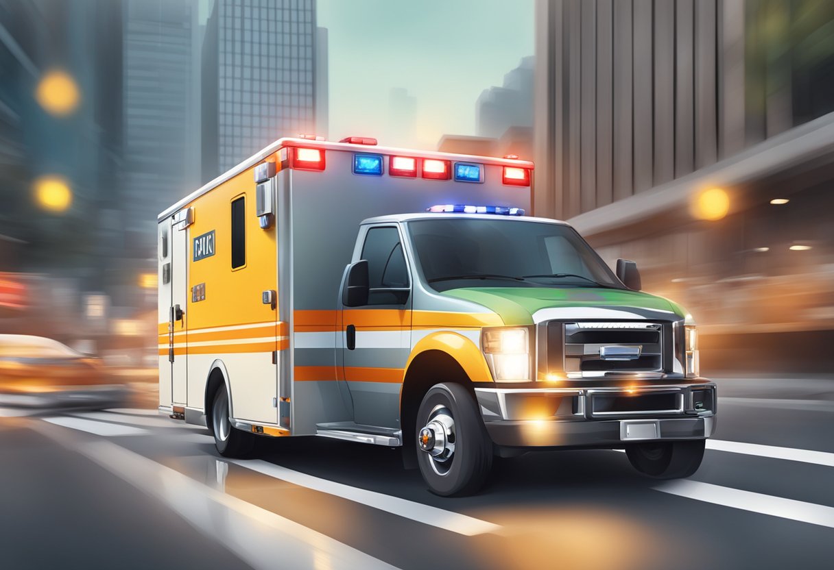 A rescue ambulance speeding through traffic with lights flashing and siren blaring