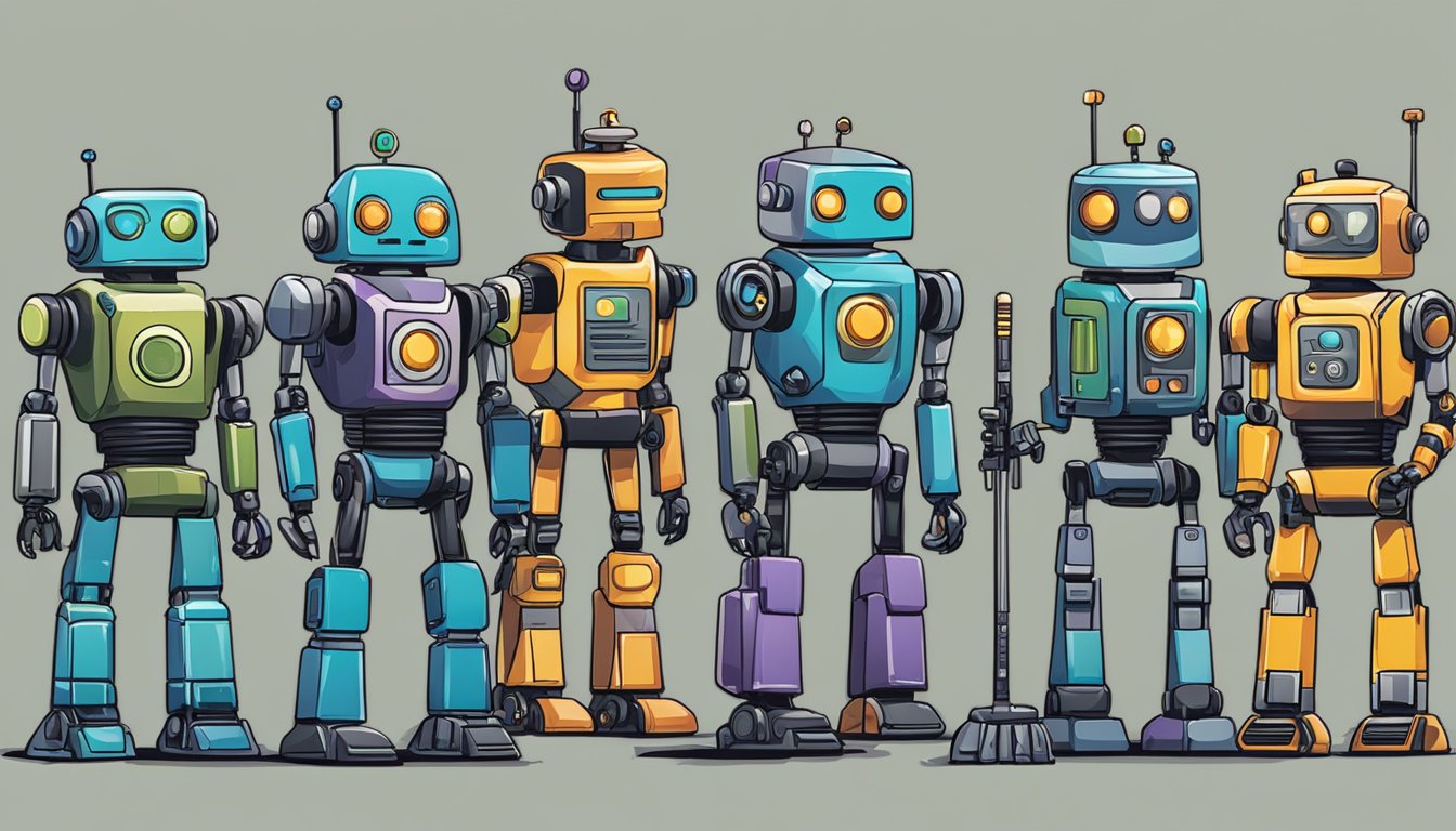 A group of six colorful robots stand in a row, each with a different tool or symbol representing a top alternative to DeepCrawl