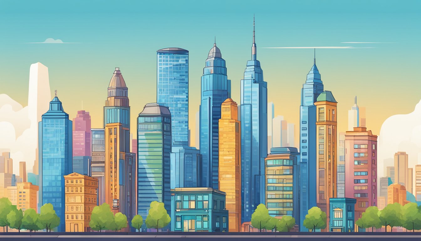 A vibrant city skyline with six towering buildings, each representing one of the "Awesome Alternatives to ContentKing." Each building is distinct in design and color, standing out against the bright blue sky