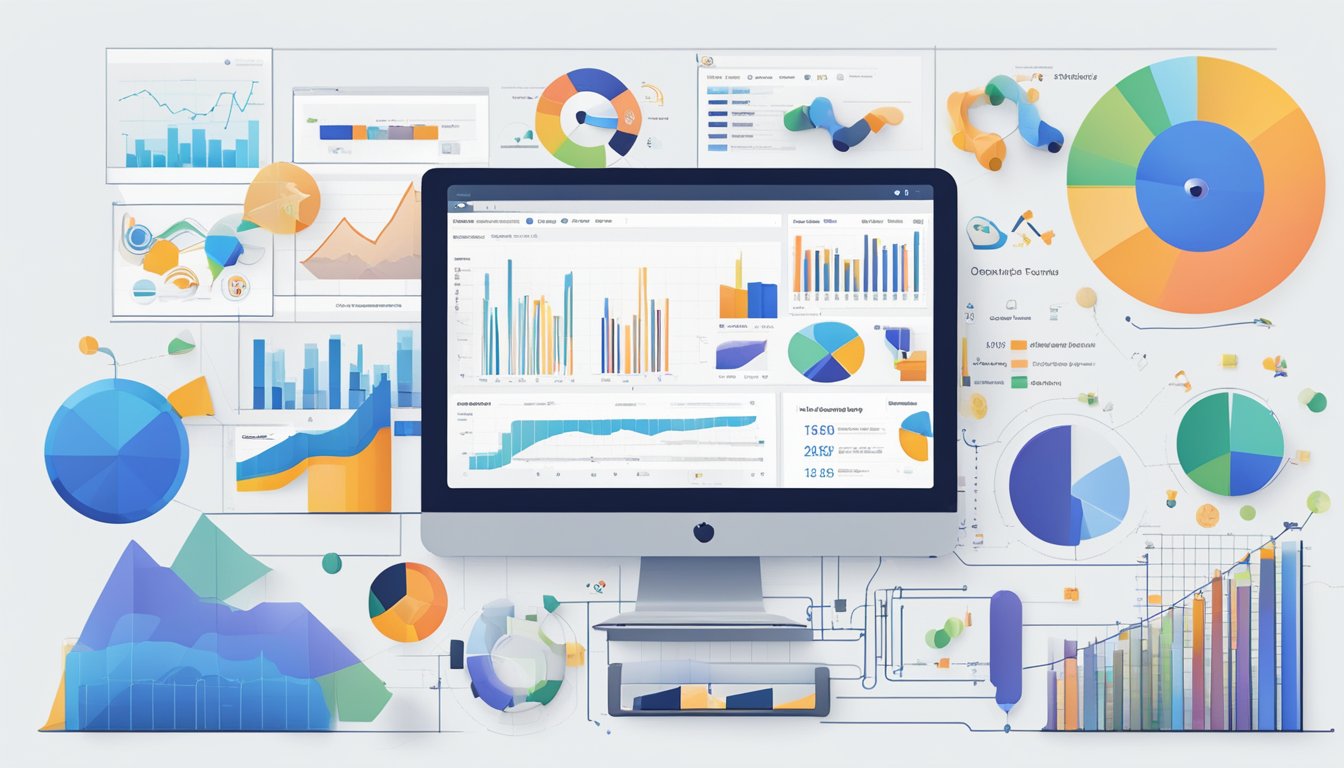 A computer screen displaying 8 alternative tools to Ahrefs with their logos and names, surrounded by charts and graphs showing data analysis