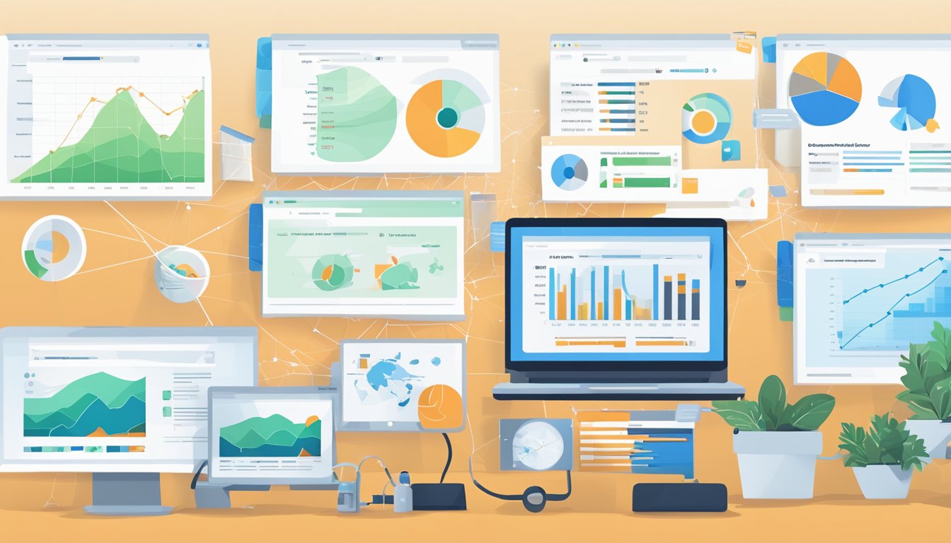 A computer screen displays SEMrush alongside 8 alternative options to Ahrefs.</p><p>Graphs and data visuals surround the screen, showcasing the comparison