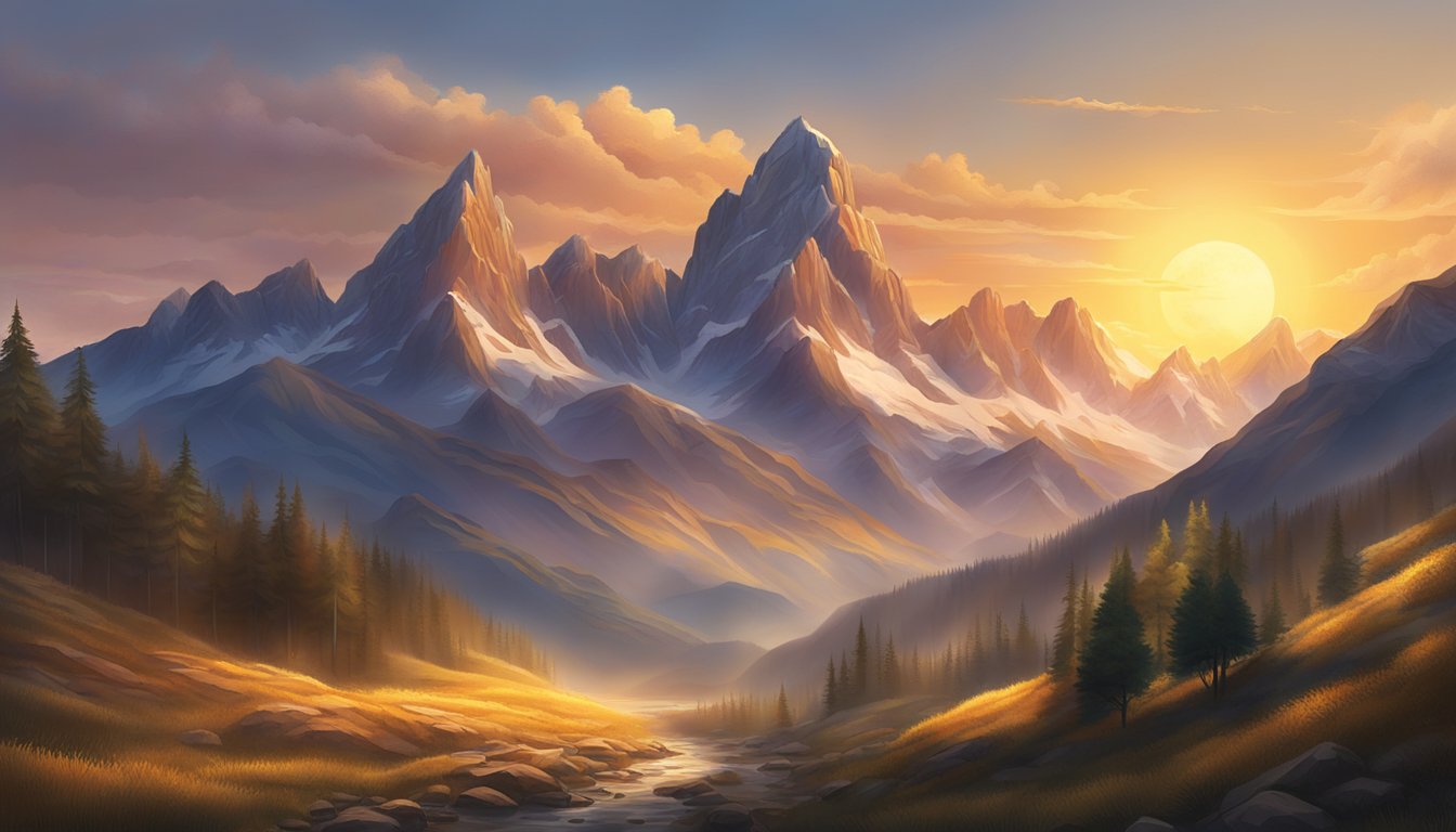 A towering mountain range with the sun setting behind it, casting a warm glow over the peaks and valleys.</p><p>A sense of grandeur and power emanates from the natural landscape