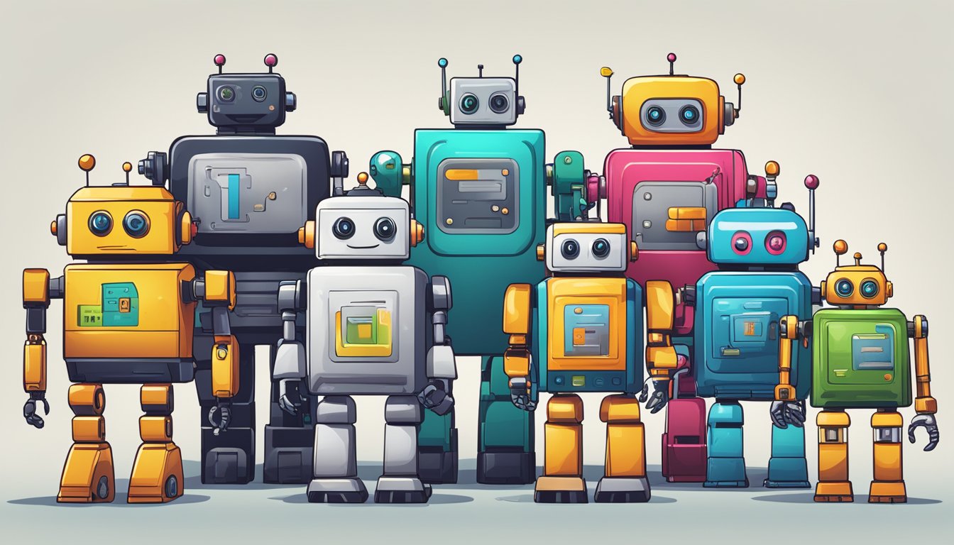 A group of six colorful robots stand in a row, each holding a sign with the name of an alternative to ContentKing.</p><p>The robots are smiling and appear friendly