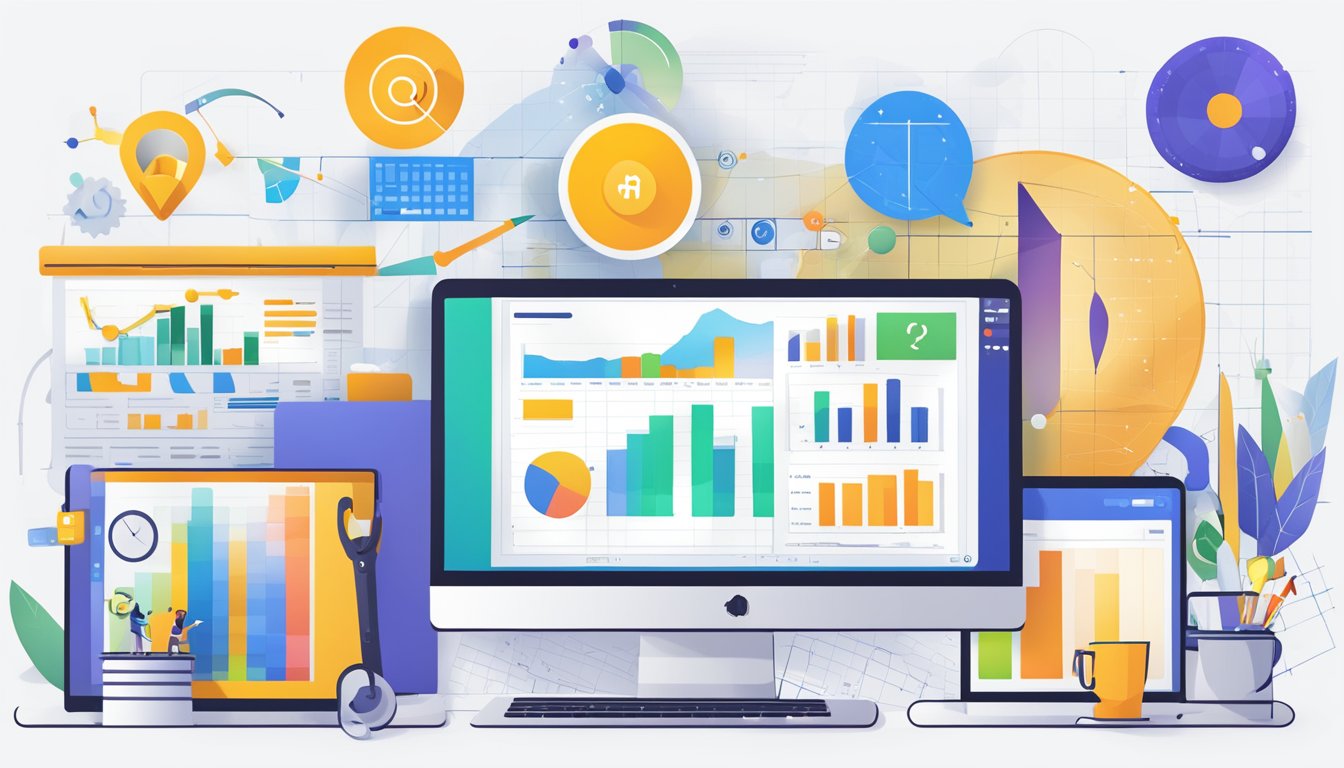 A colorful array of digital marketing tools, including SpyFu and Ahrefs, displayed on a computer screen with graphs and charts depicting website analytics and keyword rankings