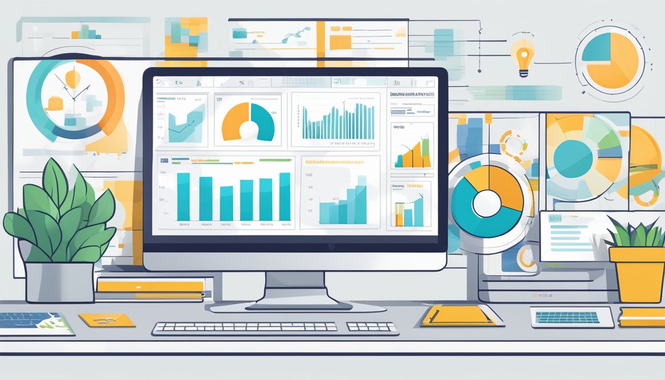 A computer screen with 5 alternative performance improvement tools displayed, surrounded by charts and graphs showing improved performance metrics