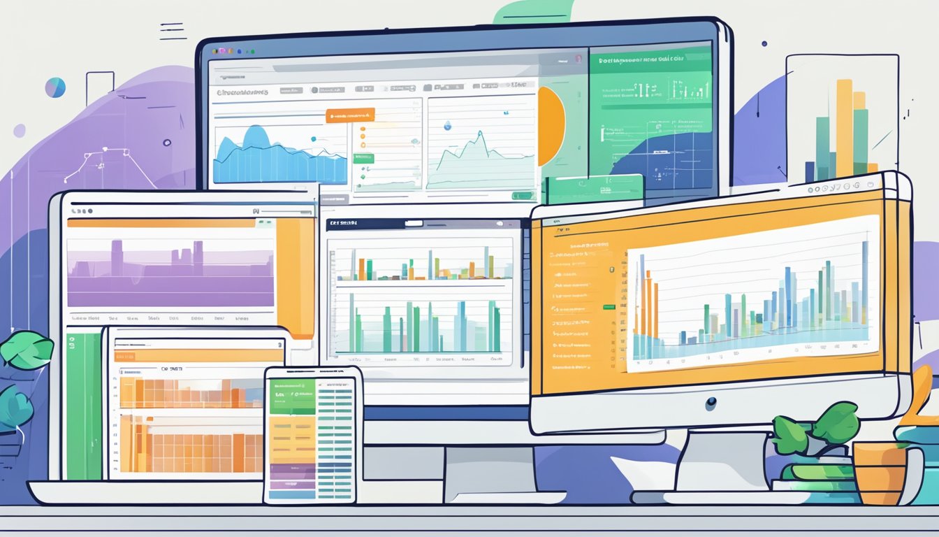 A computer screen displaying a comparison chart of "Ahrefs The 8 Top Alternatives to Monitor Backlinks" with colorful graphs and data points