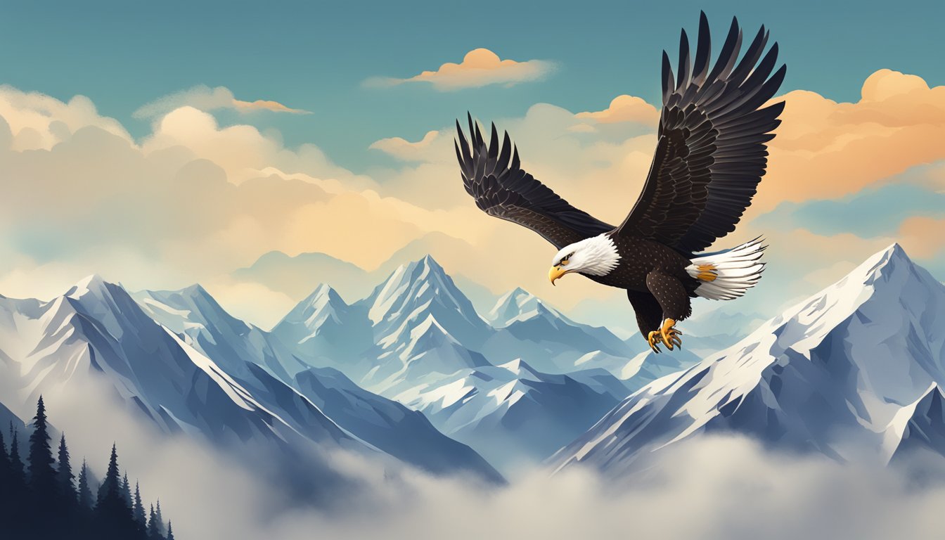 A grand mountain range looms in the background, while a powerful eagle soars through the sky, symbolizing the strength and dominance of the top 8 alternatives to Monitor Backlinks