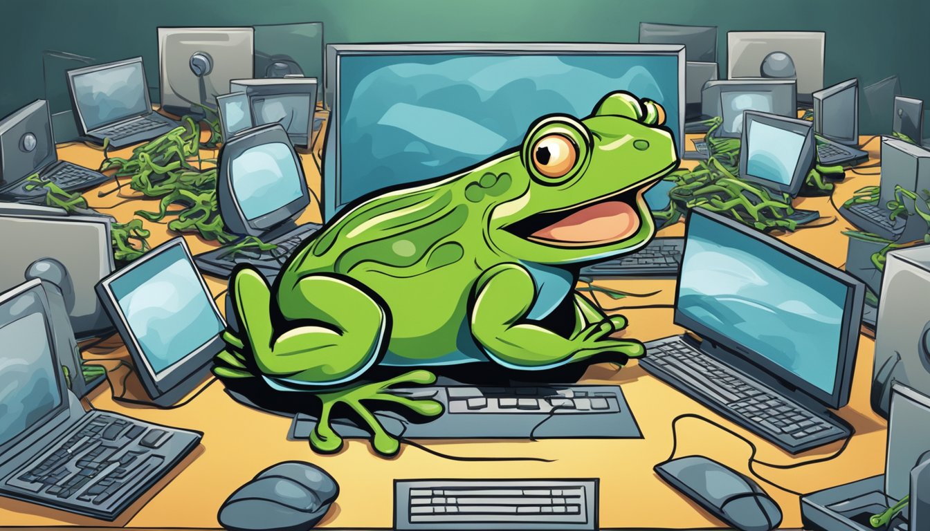 A frantic frog screams while surrounded by eight alternative monitor backlinks