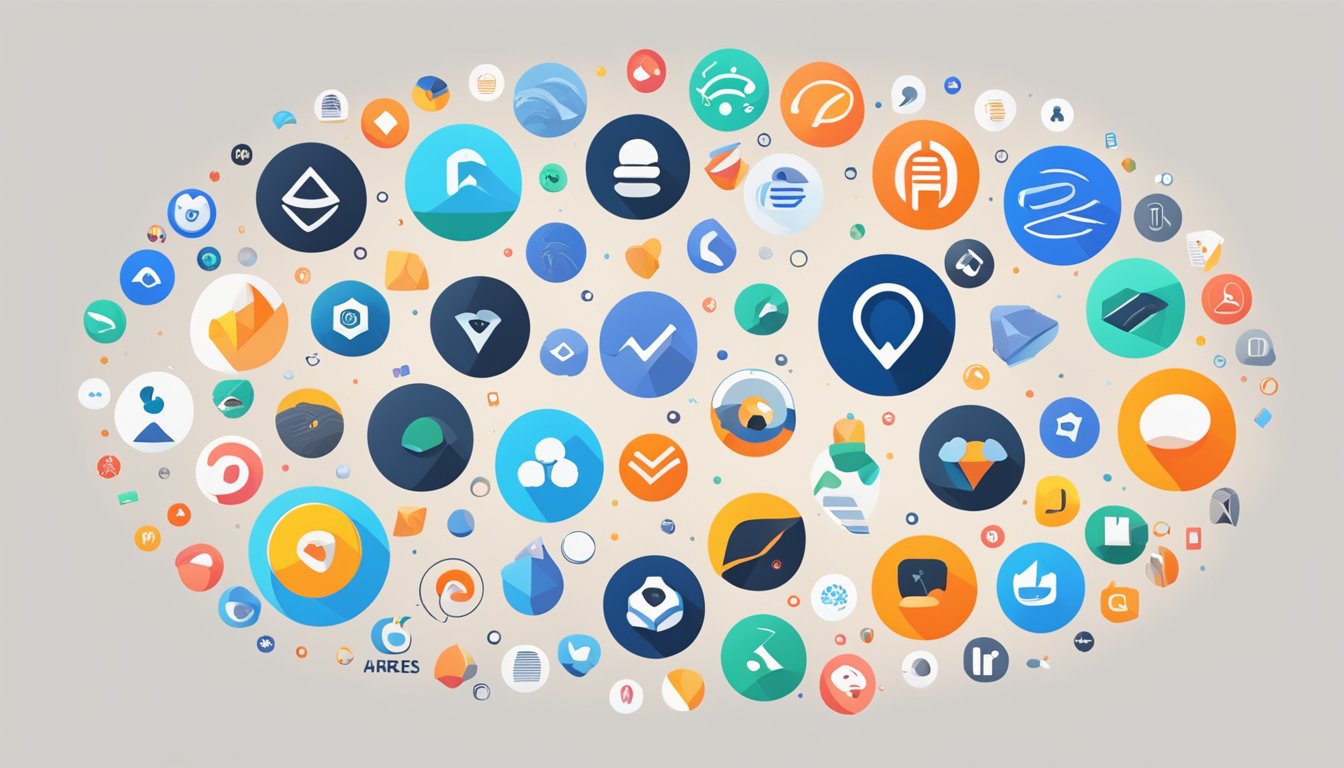 Various software logos arranged in a circle, with Ahrefs and BuzzSumo at the center.</p><p>Bright colors and clean lines