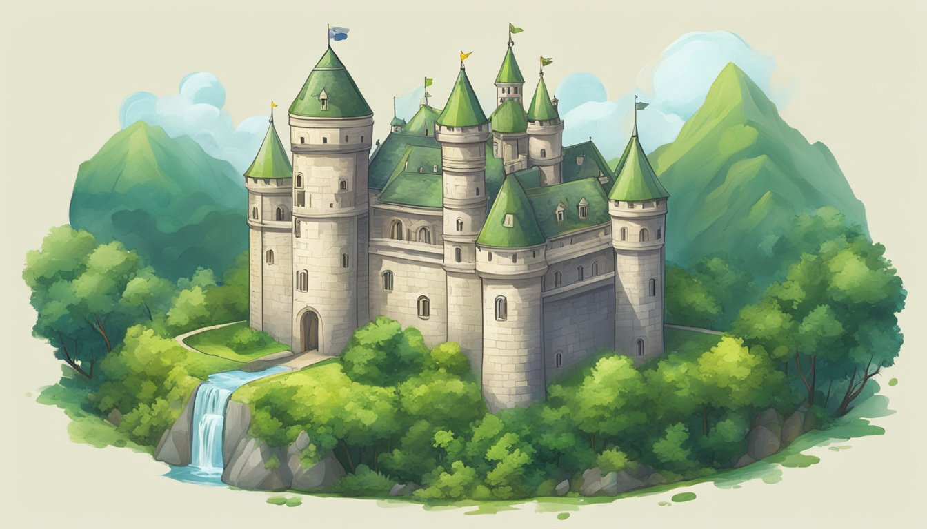 A grand castle surrounded by lush greenery, with six shining alternative symbols floating above it