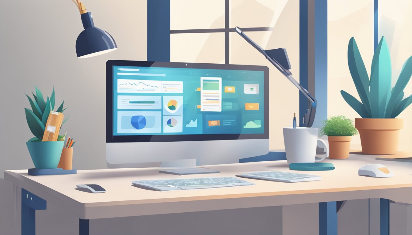 A computer screen displaying BuzzSumo and 6 alternative tools.</p><p>A desk with a mouse and keyboard.</p><p>Bright, modern office setting