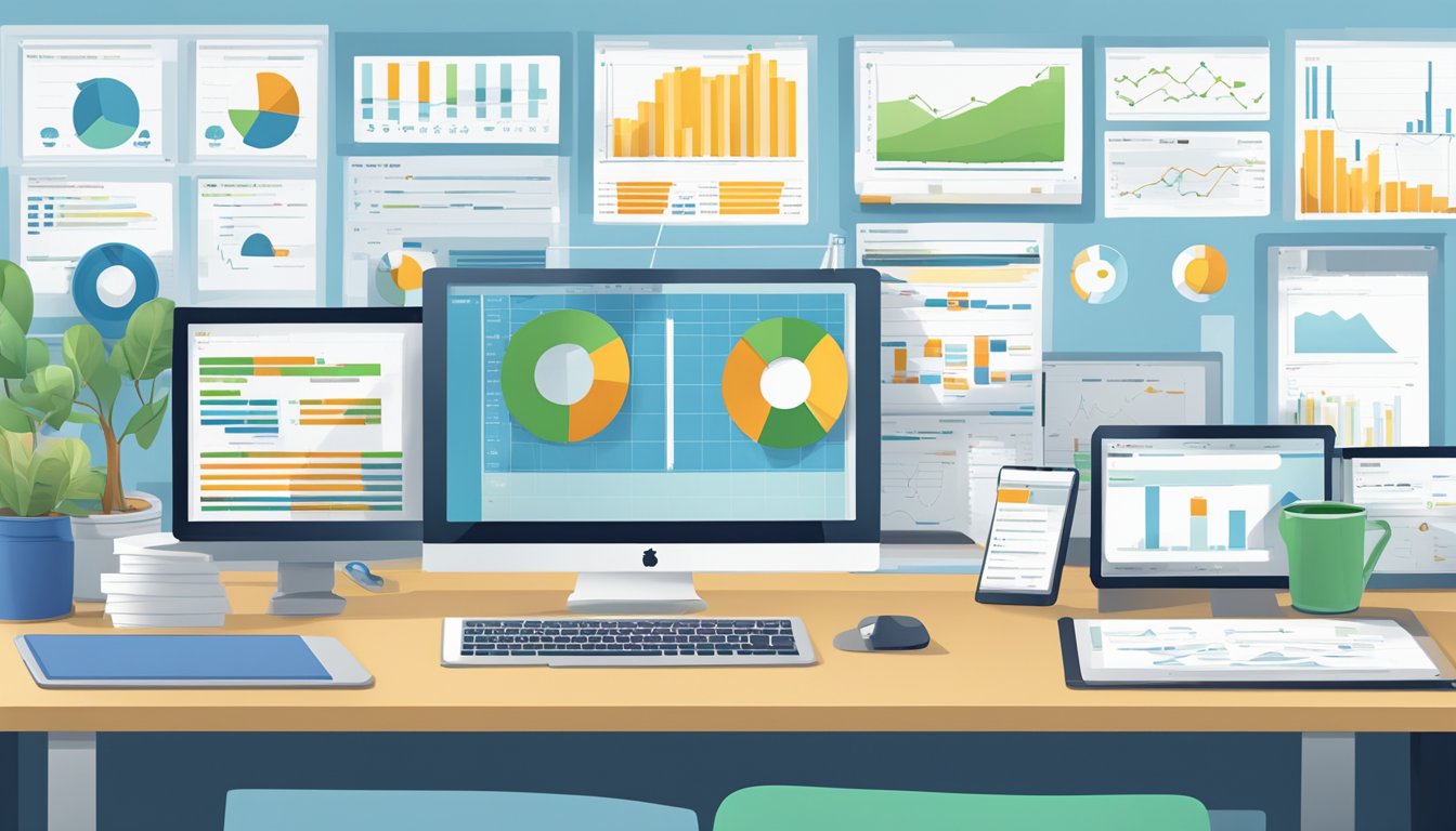 A desk with a computer displaying various rank tracking tools, including Serpstat alternatives.</p><p>Charts and graphs show data comparisons