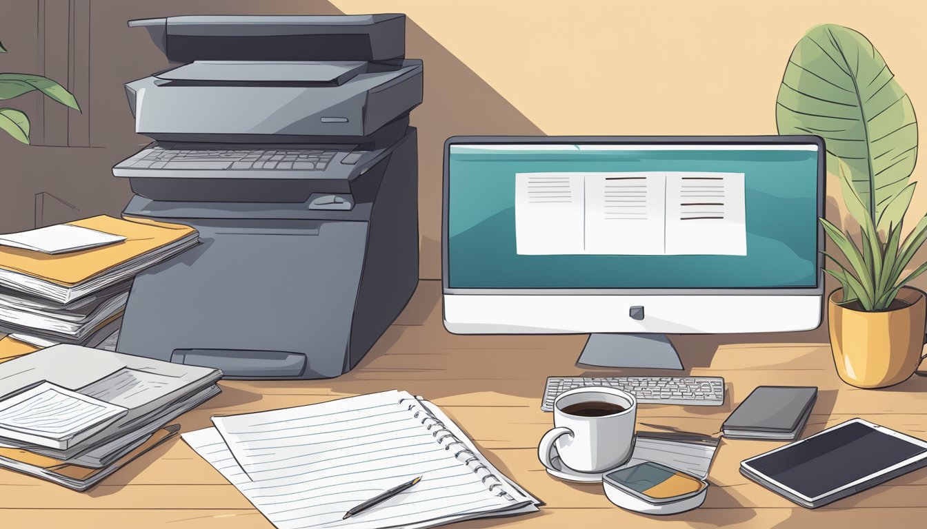 A desk with a computer, notebook, and pen.</p><p>A stack of papers labeled "The 5 Best Alternatives to Copyscape" sits next to a cup of coffee